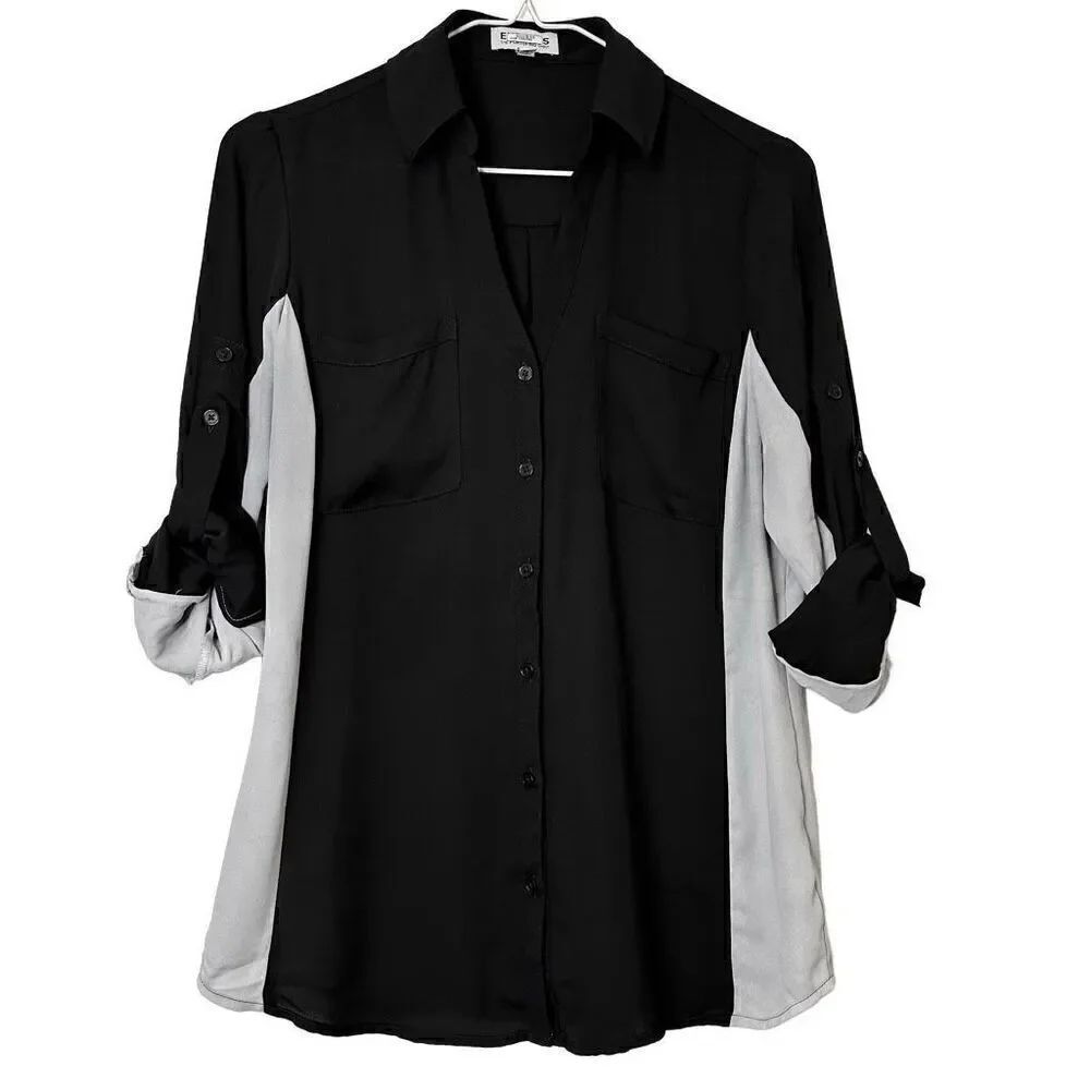 Express Colorblock Roll Tab Sleeve Portofino Blouse Shirt Black & White Small